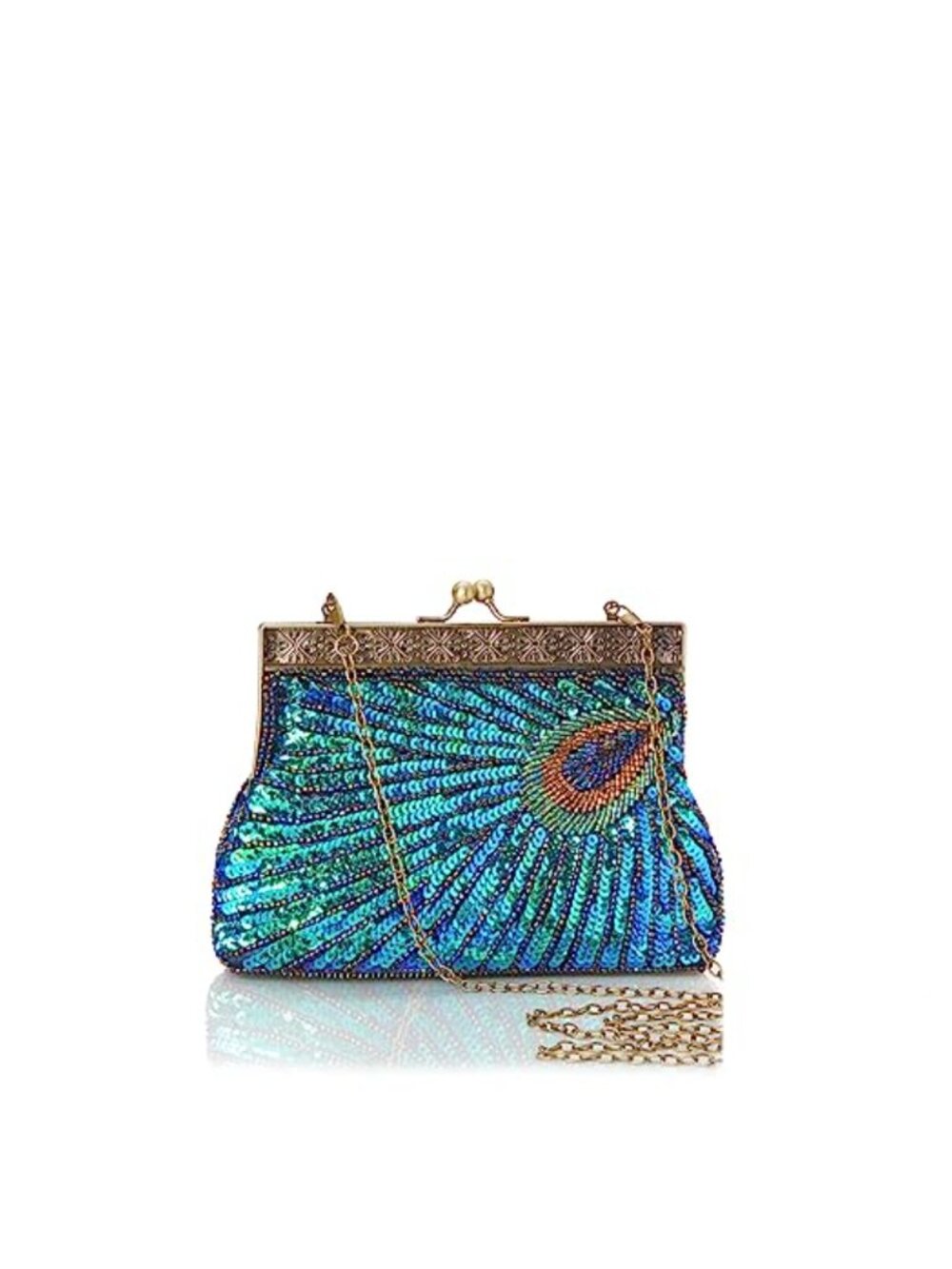 Beaded Sequined Peacock Clutch Evening Handbag Detachable Chain